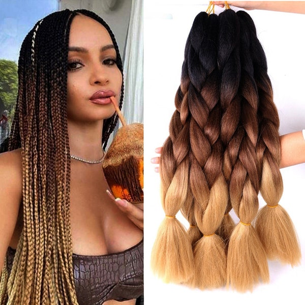 Luxurious Ombre Crochet Braiding Hair - Box Braid Kanekalon Jumbo Braids - 100g 24 Inch - Black/Dark Brown/Light Brown"