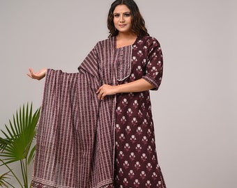 Brown Plus Size Cotton Printed Kurta Pant Set with Dupatta, Plus Size Dupatta Set, Plus Size suit set for women under 80 dollar gift for her