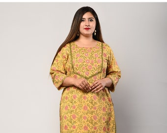 Yellow Plus size Kurti, Indian festive print, cotton indianwear, tunic  for woman, festive wear, plus size kurta, ethnic wear, jaipuri kurti