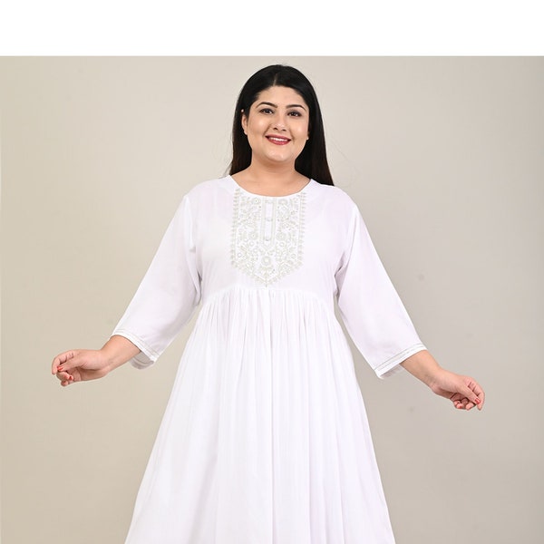 White Plus Size Cotton Blend Gown - Indian Ethnic Wear - Long Kurti/Kurta/Gown/Anarkali/Dress, Gift for her, Festive wear, Summer dress