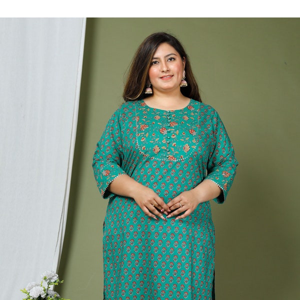Green Plus size Kurti, Indian festive print , cotton indianwear, tunic  for woman, festive wear, plus size kurta, ethnic wear, jaipuri kurti