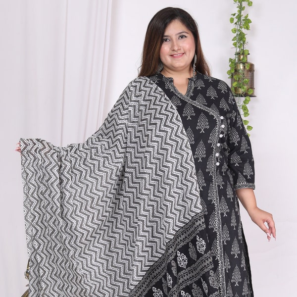 Plus Size Black Cotton Printed Kurta Pant Set with Dupatta, Plus Size Dupatta Set, Kurta Pant Dupatta,Dupatta Sets, Plus Size suit for women