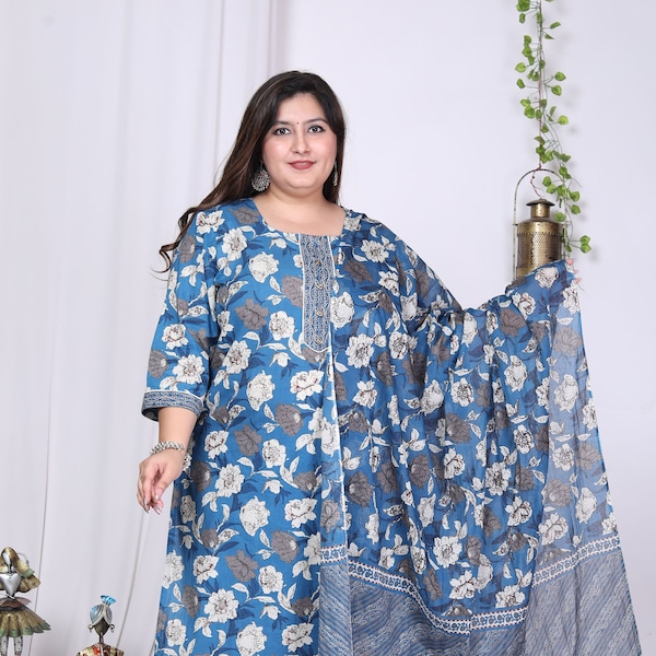 Plus Size Blau Baumwolle Gedruckt Kurta Hose Set mit Dupatta, Plus Size Dupatta Set, Kurta Pant Dupatta, Dupatta Sets, Plus Size Anzug für Frauen