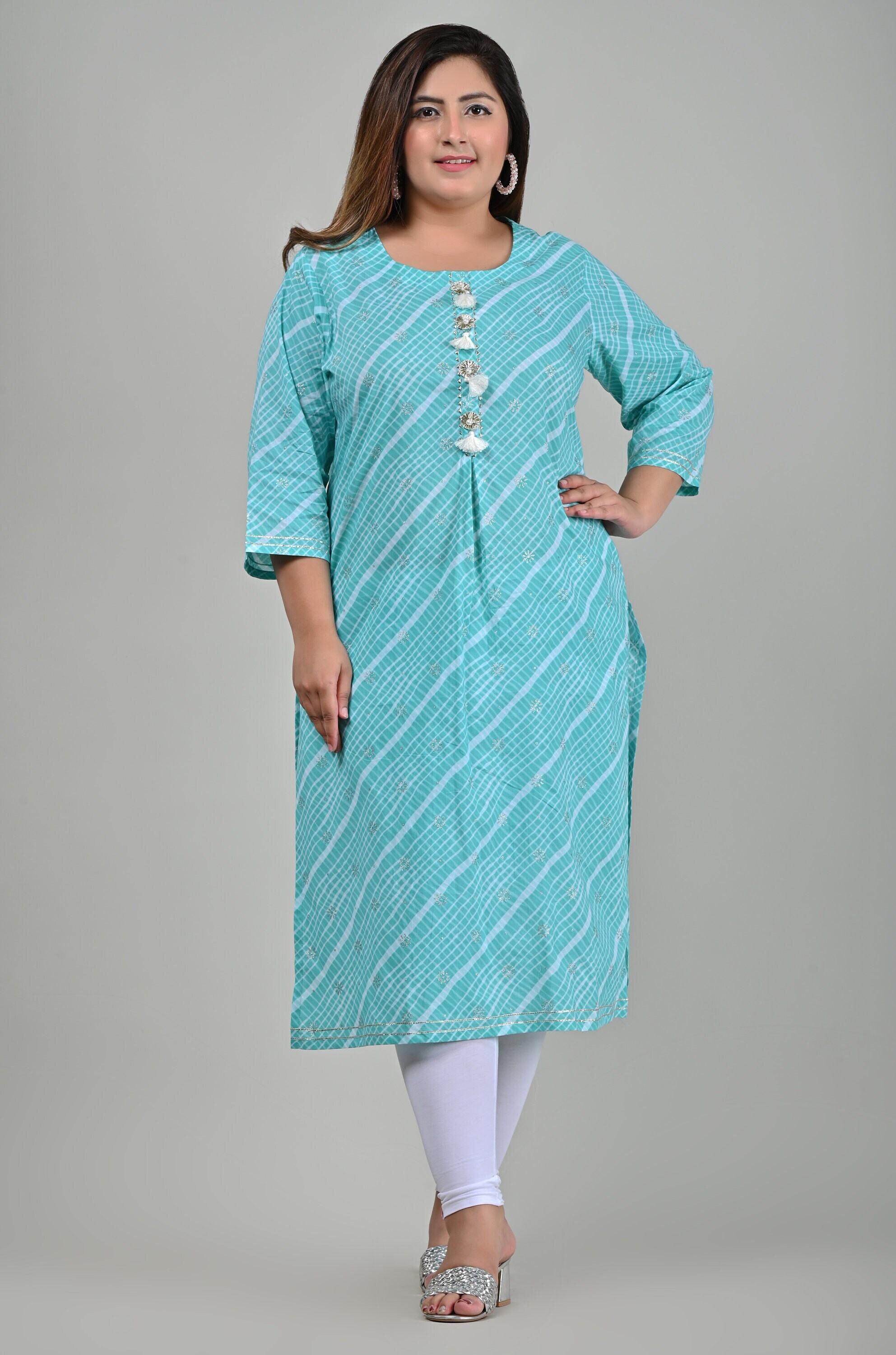 Turquoise Plus Size Kurti Indian Festive Print Cotton Blend