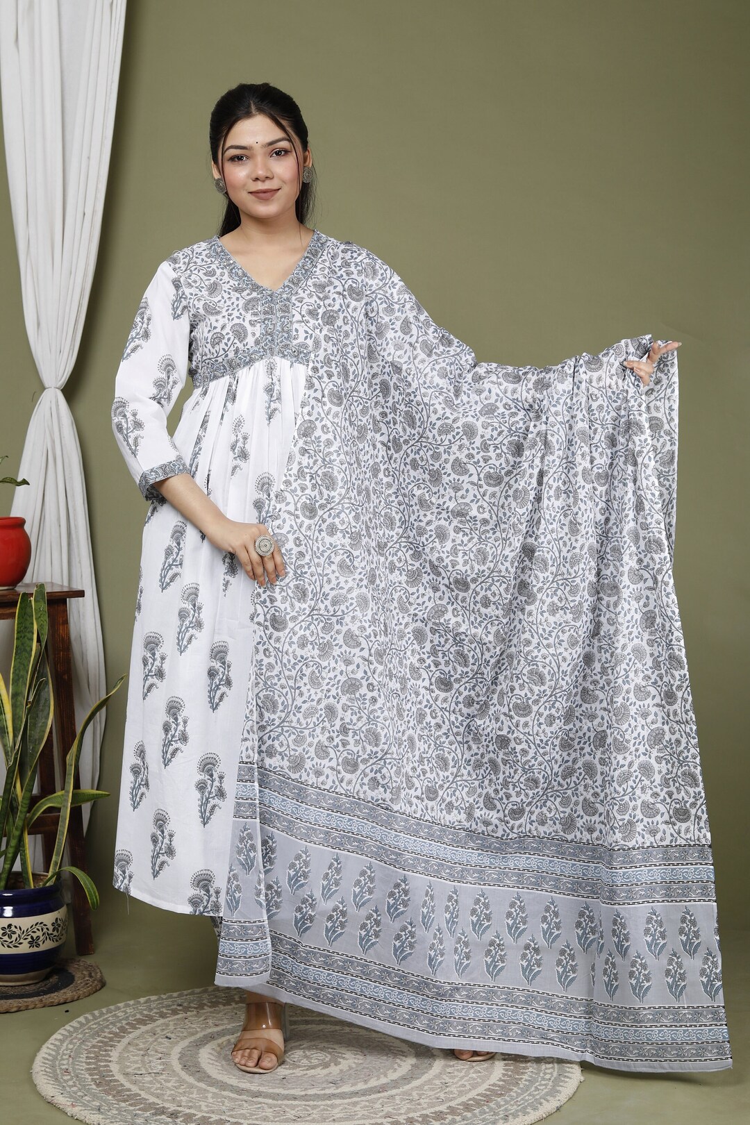 White Pure Cotton Straight Kurta Pant Dupatta Set