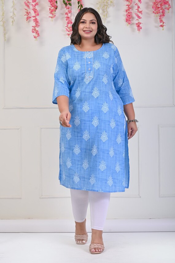 Blue Plus Size Kurti Indian Festive Print Cotton Indianwear