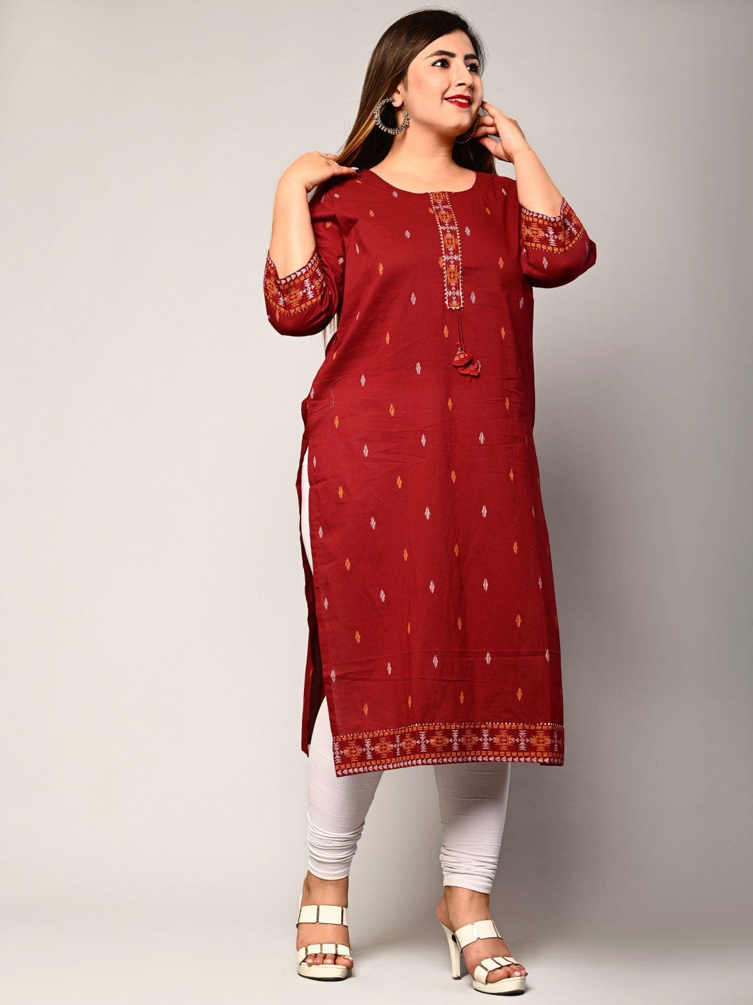 Red Plus Size Kurti, Indian Festive Print, Cotton Indianwear, Tunic for