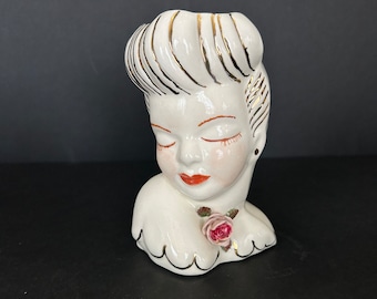 Vintage Glamour Girl Gold Lady Head Jarrón Estilo Pinup, Art Déco, Hollywood Regency, Lady Head Planter Jarrón Acentos de rosa y oro