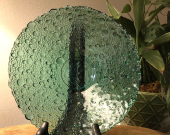 Ciotola in vetro artistico verde vintage, piatto a bolle moderno di metà secolo, 8 pollici