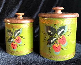 Ransburg Avocado Set of Two Canisters with Strawberries and Wooden Lids, Kitchen Kitsch, Cottage Core, Vintage Canisters