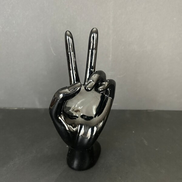 Ceramic Black Display Hand Eclectic, Peace, Ring Holder, Desk Decor, Business Card Holder, Shelf Decor