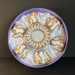 Set of 6 Porcelain Espresso Cups & Saucers – White and Gold Hand Painted Coffee Tea Demitasse Set in Gift Box