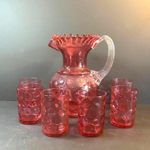 Vintage Cranberry Glass Pitcher Set: Mid-Century Coin Dot Art Glass