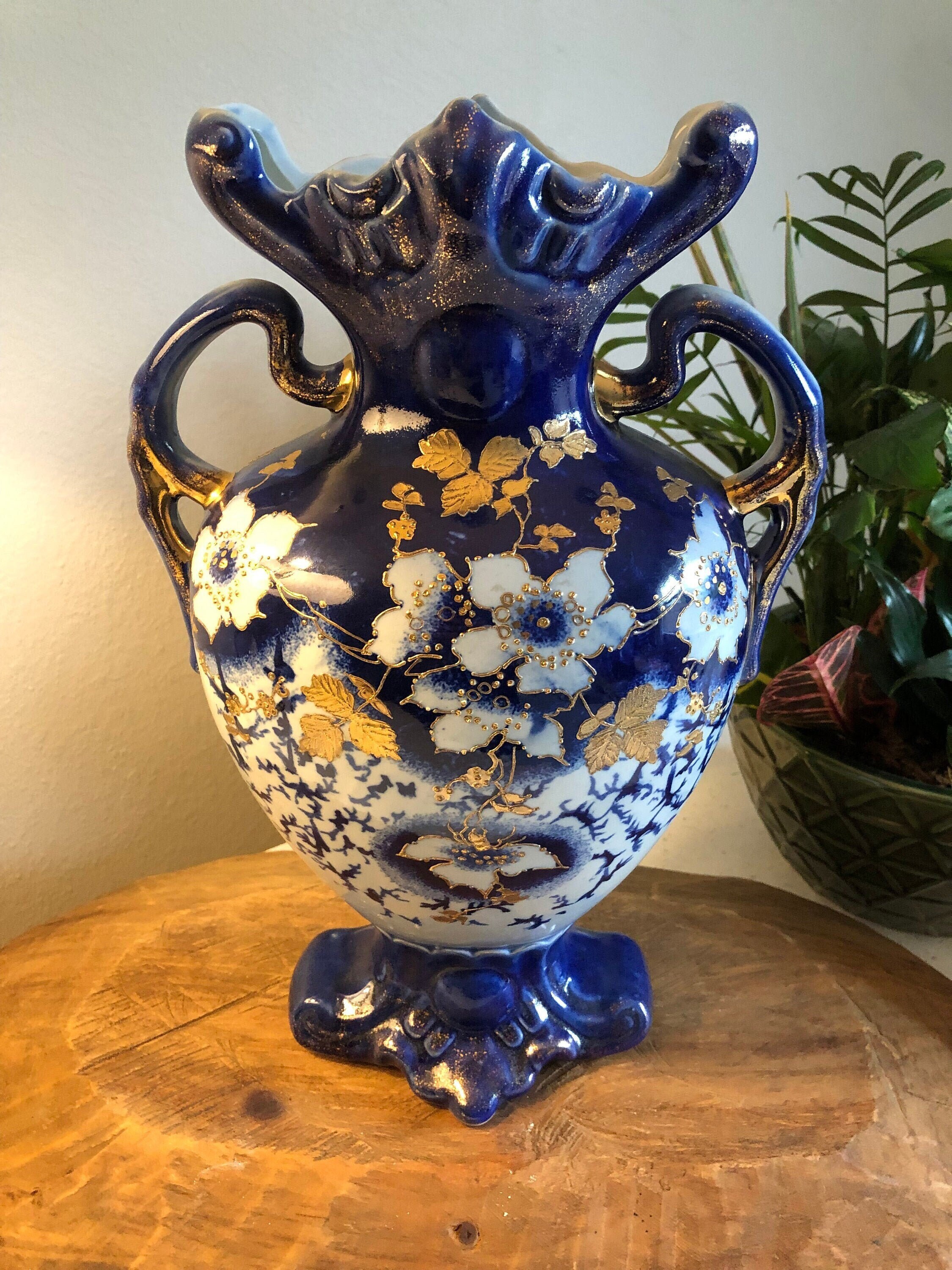 WWR Co  Cobalt, White and Gold 15 inch  Staffordshire Vase Gorgeous
