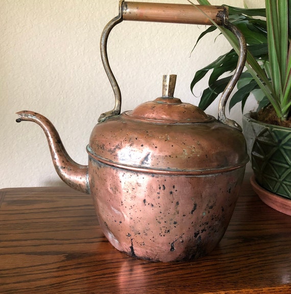 Antique Copper Tea Kettle Pot With Stamped Lid, Cottage Core, 