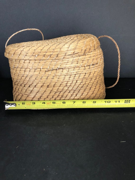 Woven Grass Pine Needle Lidded Basket Purse with … - image 5