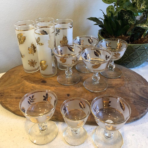 4 Libbey Gold Leaf High Ball Glasses and 6 Wine Glasses or Fruit Compote Stemmed shops Glassware 1 Liqueur Glass