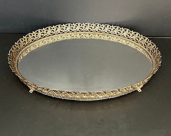 1950s Mirrored Vanity Tray 15 Inches X 8  Inches x 2 Inches Footed, Ornate, and Elegant