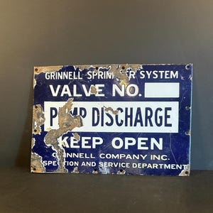 Vintage Grinnell Sprinkler System Valve Sign – Heavy Porcelain Over Metal 13"x9" Industrial Fire Safety Decor