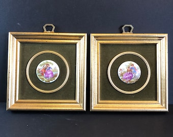 Two Limoges Cameos Gold Gilt Victorian Image Framed Plaques, Cottage Core, Vintage Wall Decor