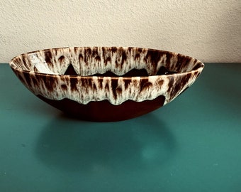 Vintage Pottery Stoneware Brown Salt Drip Glaze Oval Serving Bowl - 9 in x 4 in Unique Dishware