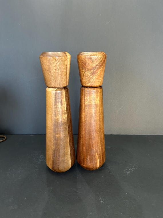 Vintage Solid Acacia Wood Salt and Pepper Mills Beautiful and Functional Creates Fine to Coarse Grinds 11" Tall Etched "S" and "P" on Top