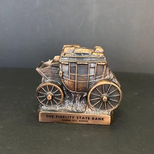 Vintage Cast Iron Stagecoach Bank, Copper over Iron, The Fidelity State Bank, Garden City Kansas Bank Memorabilia Metal Coin Bank 5&quot;x5&quot;x3&quot;