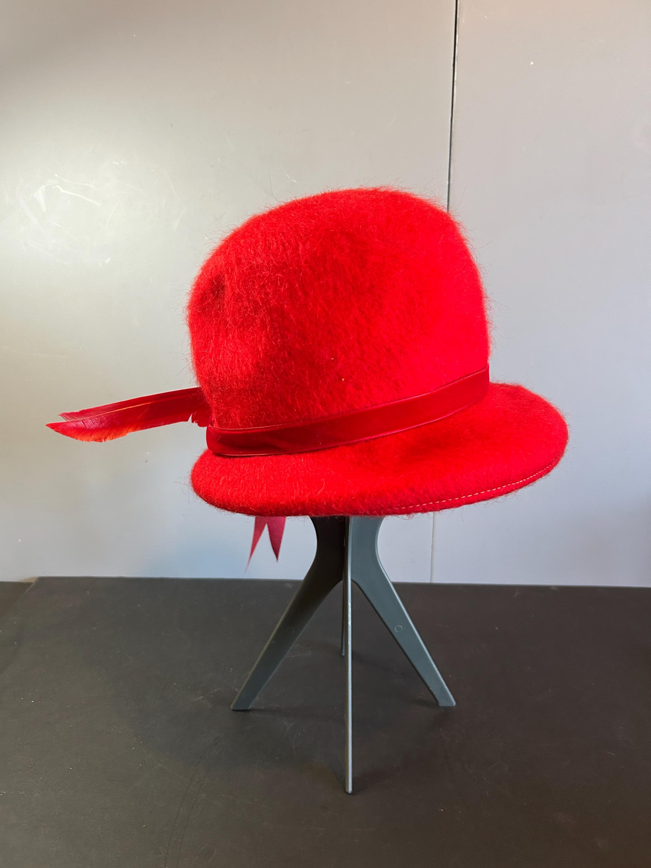 Vintage Red Angora Fedora Hat: Moldable Ribbon & Feather 