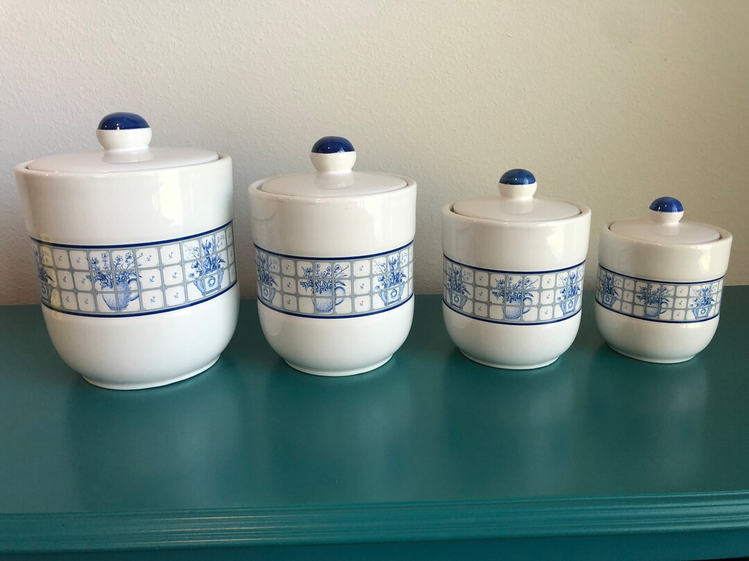 White and Blue Vintage Canister Set of 4, Stoneware by Pomerantz Etsy