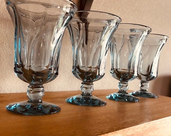 Set of 4 Fostoria Jamestown Blue Goblets, Aqua Mid Century Pressed Glass