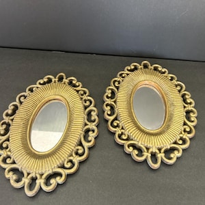 Vintage Small Wall Mirrors Set of Two Plastic 1973 Made in USA by Syroco Faux Wicker 7" wide by 9" tall