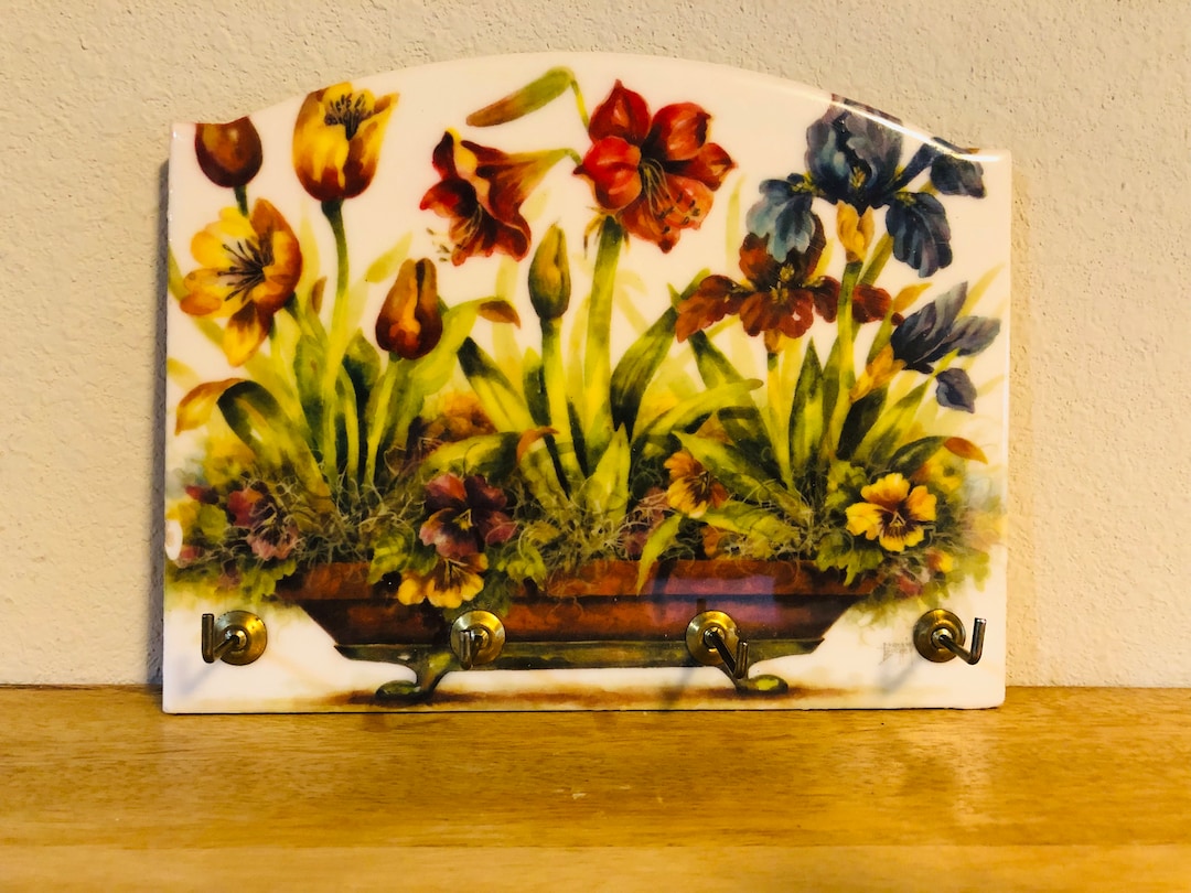 Vintage Floral Ceramic Key Holder: Cottagecore Brass Hooks - Etsy