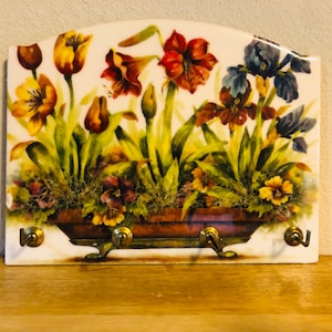Floral Ceramic Key Holder with Brass Hooks | Cottagecore Wall Decor | Grandma Chic Flower Design | Coastal Farmhouse Style Organizer