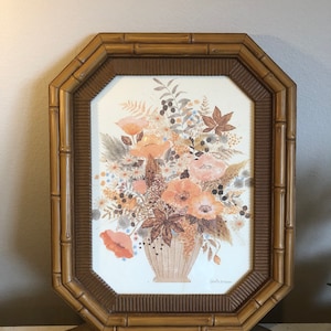 Large Faux Bamboo Frame and Floral Print, Vintage Wall Decor, Vintage Wall Art