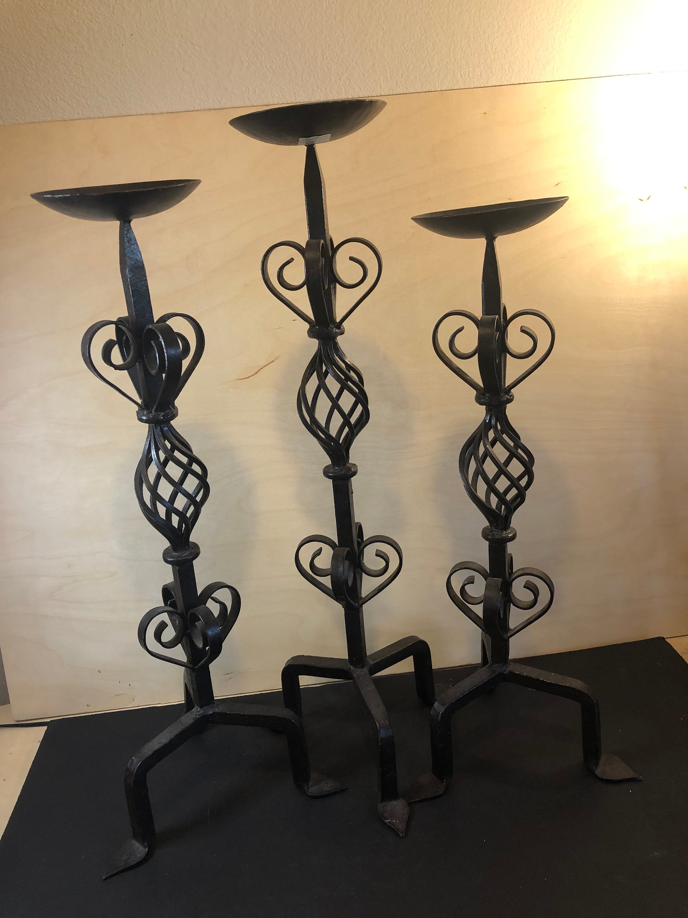 Three Heavy Wrought Iron Pillar Candle Holders 21 Etsy