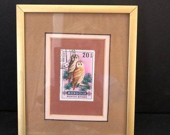 Framed Canceled Mongolia Owl Stamp