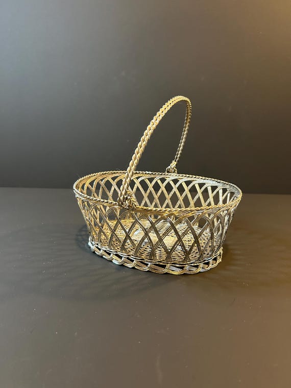 Vintage Silver Woven Basket With Handle | Early 1940s | Hand