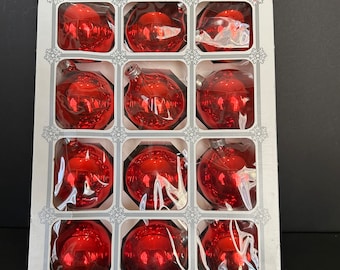 Set of 12 Red Mercury Glass Holly Ornaments - Vintage USA Made, Pristine with Box