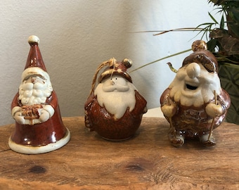 Vintage Studio Pottery Santa Figurines Set, Handmade Ceramic Christmas Decor, Santa Bell