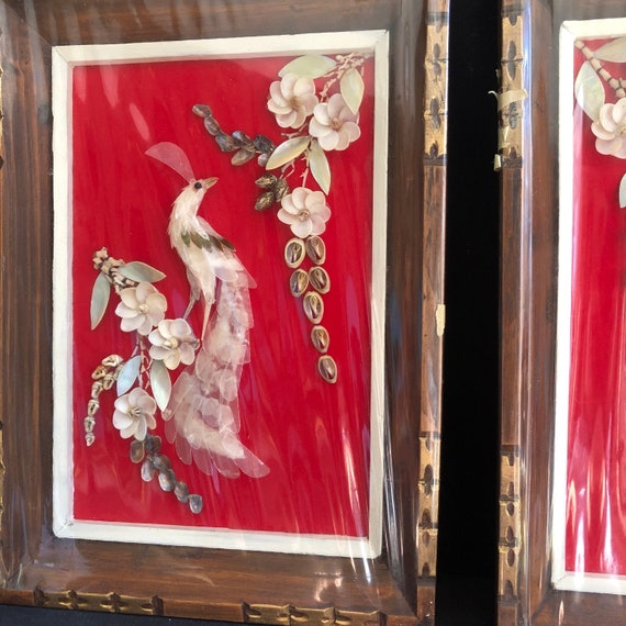 貴重 イタリア製 ビンテージ 孔雀アート作品 木製フレーム ミッド