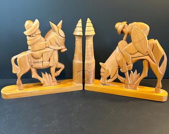Sujetalibros vintage de madera de Don Quijote y Sancho Panza fabricados en España