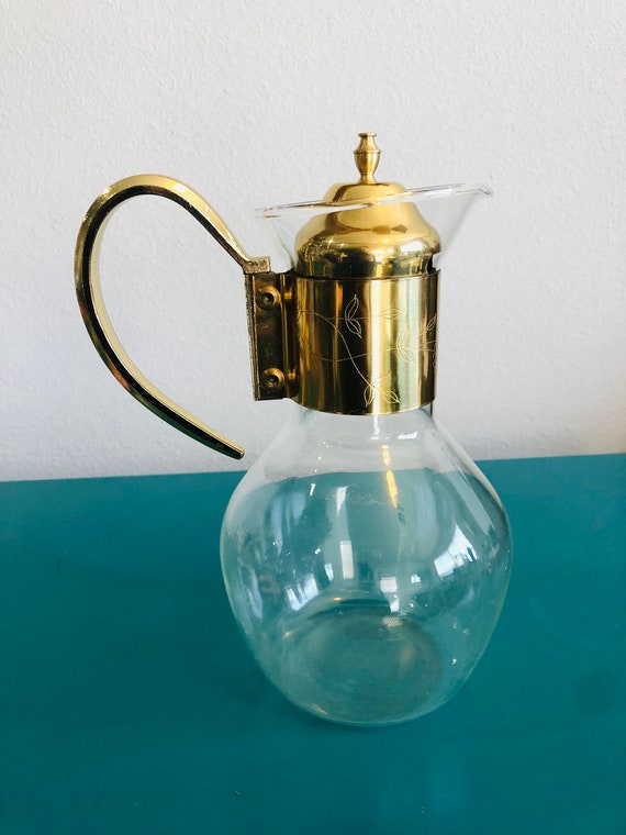 Vintage Glass and Etched Brass Pitcher Carafe, Mid Century Modern 