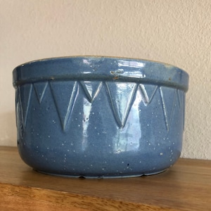 Vintage Blue Studio Pottery Planter – 7” Wide Handmade Ceramic Bowl with Carved Triangle Design