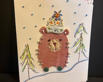 Handmade Quilted Beaded Bear Card | Unique Christmas Holiday Card | Textured Winter Art Card | Handsewn  Greeting Card | Cute Gift Idea