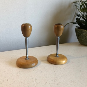 Oregon Myrtlewood and Metal Candlesticks Vintage by Bayview Myrtle Wood Shop Rare Pewter Style Stem Mid Century Modern/Post Modern Style