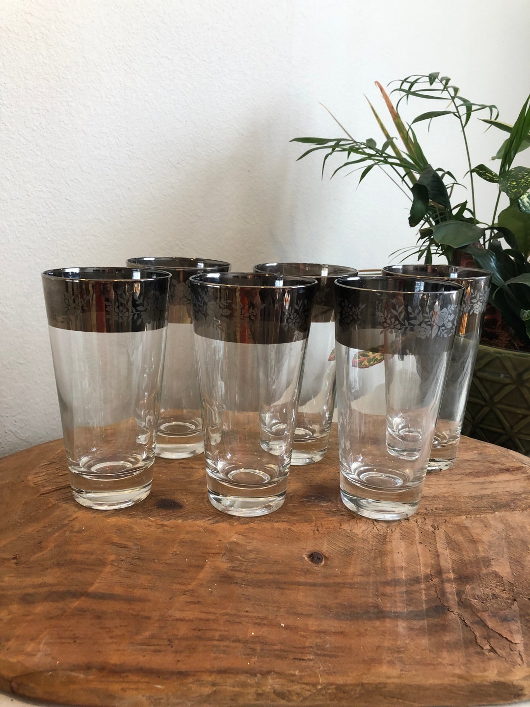 Vintage Silver Rimmed Drinking Glasses: Ornate Floral Design, Set of 7 ...