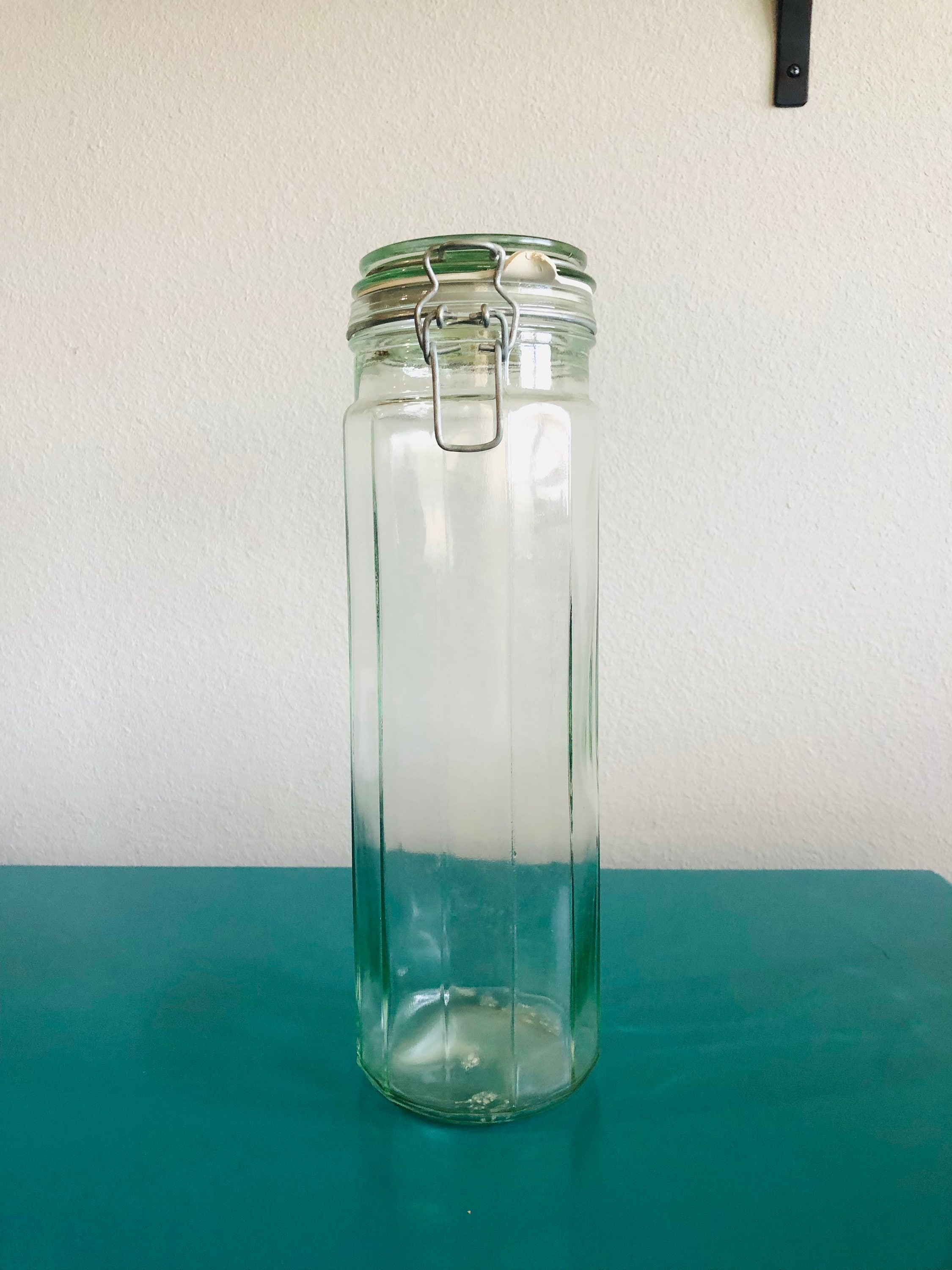 Tall Vintage Glass Jar With Wire Clamp Lid, Green Tint, 13 Inches