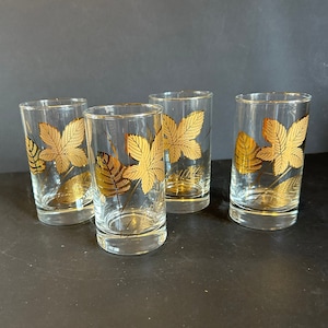 Copos Libbey vintage de 12 onças com folhas de ouro, conjunto de 4 | Vidros de meados do século 1960 | Óculos com acabamento dourado