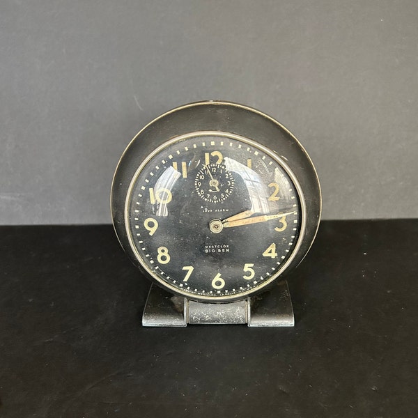 Big Ben Style 5a Loud Alarm in black (gunmetal) case, luminous dial. 1940s works!