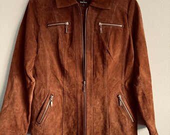 Brown Faux Suede Jacket: Faux Fur Collar, Vintage Inspired - Medium